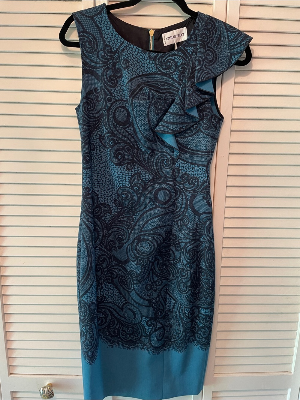 Emilio Pucci Teal & Navy Paisley Ruffle Midi Dress